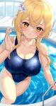  1girl azumi_(mocha) blonde_hair blue_swimsuit blush breasts cleavage collarbone flower genshin_impact hair_flower hair_ornament highres large_breasts looking_at_viewer lumine_(genshin_impact) one-piece_swimsuit pool school_swimsuit solo swimsuit thighs water wet wet_clothes wet_swimsuit yellow_eyes 