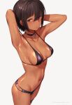  1girl :/ armpits arms_behind_head arms_up bangs bikini bikini_tug black_bikini black_eyes breasts choker cowboy_shot dark-skinned_female dark_skin hair_between_eyes highres medium_breasts mochi_(mochi444420) mole mole_under_eye navel original short_hair sideboob sidelocks simple_background solo standing stomach swimsuit thigh_strap twitter_username wet white_background 