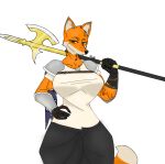  anthro armor baggy_pants big_breasts breasts canid canine female fox fur gold_(metal) green_eyes halberd karinfysh looking_at_viewer mammal melee_weapon orange_body orange_fur pauldron polearm simple_background solo weapon 