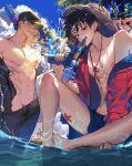  &gt;_&lt; 6+boys abs bare_pectorals baseball_cap black_hair black_male_swimwear black_pants black_shirt cloud day green_eyes green_hair hat holding holding_water_gun jewelry looking_at_viewer male_focus male_swimwear monkey_d._luffy multiple_boys navel necklace nipples one_piece open_clothes open_mouth open_shirt outdoors pants partially_submerged pectorals red_shirt roronoa_zoro runa_(artist) sanji scar scar_on_cheek scar_on_chest scar_on_face shirt short_hair sky straw_hat teeth thighs toned toned_male tony_tony_chopper toy_gun trafalgar_law usopp water water_gun 