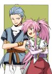  1boy 1girl arche_klein belt blue_eyes blue_hair bracelet chester_burklight earrings elbow_gloves gloves jewelry long_hair neko_(hansinn) open_mouth pants pink_eyes pink_hair ponytail smile tales_of_(series) tales_of_phantasia wide_ponytail 