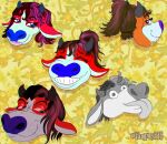  absurd_res anthro blue_nose bovid bovine brown_hair cattle female grin group hair halflid_eyes headshot_portrait hi_res high_ponytail highlights_(coloring) horn iris_cowsnake mammal pink_highlights ponytail portrait red_body red_skin sketch_page smile smirk tongue tongue_out vampirsttg white_skib 