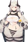  1girl areola_slip arknights black_collar black_gloves black_shirt bodysuit breasts clothes_lift collar cowboy_shot demon_horns elite_ii_(arknights) gloves grey_hair groin highres horns infection_monitor_(arknights) large_breasts long_hair looking_at_viewer mudrock_(arknights) one_eye_closed open_bodysuit pepper0 pointy_ears red_eyes sarashi shirt shirt_lift simple_background solo white_background white_bodysuit 