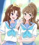  2girls absurdres alternate_hairstyle arm_up bangs blonde_hair blue_neckerchief blue_sailor_collar blue_skirt blurry blurry_background blush brown_hair curtains embarrassed green_eyes hair_ribbon hand_on_hip hibike!_euphonium highres indoors kitauji_high_school_uniform leaning_on_person long_hair looking_at_another looking_to_the_side multiple_girls nakagawa_natsuki neckerchief parted_lips pleated_skirt ponytail purple_eyes ribbon sailor_collar school_uniform serafuku shirt short_sleeves skirt smile tsunemoku white_shirt window yellow_ribbon yoshikawa_yuuko 