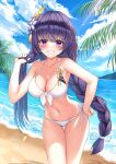  1girl absurdres bangs bare_arms bare_shoulders bikini blue_sky blush breasts cleavage cloud collarbone commentary_request cowboy_shot day flower genshin_impact grin hair_flower hair_ornament hand_up highres kurone_(kurone_ryuo) large_breasts long_braid long_hair looking_at_viewer navel ocean outdoors purple_eyes purple_hair raiden_shogun side-tie_bikini sky smile solo standing stomach swimsuit thighs very_long_hair water 