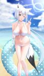  1girl absurdres ahoge animal_ear_fluff animal_ears bangs beach bikini blue_bow blurry blurry_background blush bow braid breasts cleavage cloud cloudy_sky collarbone commentary_request day fox_ears fox_girl fox_tail green_eyes hair_between_eyes hair_bow highres holding holding_innertube hololive index_finger_raised innertube large_breasts long_hair looking_at_viewer miki_miki ocean one_eye_closed outdoors shirakami_fubuki sidelocks single_braid sky solo swimsuit tail tongue tongue_out virtual_youtuber white_bikini white_hair 