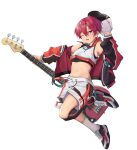  1boy abs absurdres bass_guitar crop_top guitar guppydaze hat highres instrument looking_to_the_side male_focus one_eye_closed open_mouth original purple_eyes red_hair shirt shoes short_hair shorts sneakers socks solo standing tachi-e white_shirt white_shorts 