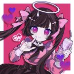  1girl alcohol bangs black_hair blunt_bangs can choker clothing_cutout collared_shirt darling_dance_(vocaloid) drinking_straw dripping dripping_eye glowing hair_ribbon halo heart heart_in_eye high-waist_skirt highres holding holding_can index_finger_raised long_hair long_sleeves looking_at_viewer neck_ribbon o-ring o-ring_choker original pink_eyes pocan purple_eyes ribbon shirt shoulder_cutout skirt smile solo strong_zero symbol_in_eye translation_request twintails underbust vocaloid 