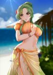  1girl absurdres bare_shoulders bead_bracelet beads bikini blue_sky blurry blurry_background bracelet breasts brown_eyes cloud commentary_request cowboy_shot day elincia_ridell_crimea fire_emblem fire_emblem:_radiant_dawn fire_emblem_heroes flower green_hair hair_bun hair_flower hair_ornament highres jewelry large_breasts long_hair looking_at_viewer navel ocean off-shoulder_bikini off_shoulder official_alternate_costume orange_bikini outdoors parted_lips partial_commentary puffy_short_sleeves puffy_sleeves red_flower sarong short_sleeves sky solo standing stomach swimsuit tara_(szzj7733) thighs water 