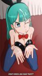  1girl absurdres animal_ears bangs bare_shoulders bed black_leotard blue_eyes blue_legwear blunt_bangs bow bowtie breasts bright_pupils bulma carpet cleavage commentary cum cum_on_body cum_on_breasts cum_on_clothes cum_on_hair cum_on_hands detached_collar dragon_ball dragon_ball_(classic) english_commentary english_text facial fake_animal_ears floor from_above greatm8 hands_up high_heels highres indoors kneeling large_breasts leotard long_hair looking_up one_eye_closed pantyhose photoshop_(medium) playboy_bunny pout rabbit_ears red_bow red_bowtie red_footwear sitting solo source_filmmaker_(medium) spread_fingers strapless strapless_leotard subtitled undersized_breast_cup v-shaped_eyebrows wariza white_pupils 