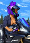 1girl arung_samudra_(cessa) black_pants blue_sky breasts cessa cloud collared_shirt dark-skinned_female dark_skin day english_commentary ground_vehicle hair_between_eyes helmet large_breasts looking_to_the_side motor_vehicle motorcycle motorcycle_helmet ombok_diving_and_delivery_services open_clothes open_shirt outdoors pants pine_tree profile shirt short_hair sky solo sweat tree 