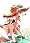  absurdres blue_eyes claws closed_mouth commentary_request fang fang_out flower from_side hat hat_flower hatted_pokemon highres ktyon3 lycanroc lycanroc_(midday) pokemon pokemon_(creature) red_flower sitting water 