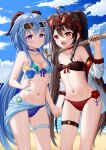  2girls :d absurdres ahoge alternate_costume armpits bandeau bangs bare_shoulders beach bikini black_hair blue_bikini blue_hair blue_sky breasts choker cleavage cloud cloudy_sky cocktail_glass collarbone commentary_request cup drink drinking_glass eyewear_on_head food fruit ganyu_(genshin_impact) genshin_impact hair_between_eyes highres holding holding_cup holding_hands holding_shovel horizon horns hu_tao_(genshin_impact) lemon lemon_slice long_hair looking_at_viewer midriff multiple_girls ocean over_shoulder purple_eyes red_eyes shovel sidelocks sky skym_(kumei) smile stomach strapless strapless_bikini sunglasses swimsuit symbol-shaped_pupils thighlet twintails two-tone_bikini vision_(genshin_impact) weapon weapon_over_shoulder 