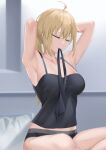  1girl ahoge armpits arms_up artoria_pendragon_(fate) black_panties blonde_hair breasts camisole cleavage closed_eyes closed_mouth collarbone fate/grand_order fate_(series) highres indian_style indoors large_breasts long_hair mouth_hold on_bed panties pillow ponytail saber_alter sitting solo surock tying_hair underwear 