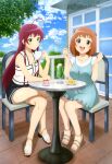  2girls :d absurdres ahoge aquadrop bangs black_skirt blue_sky braid breasts brown_eyes cake chair cleavage closed_mouth cloud crossed_legs cup day dress food fork green_eyes hataraku_maou-sama! high_heels highres holding holding_cup holding_fork ice_cream ice_cream_float large_breasts long_hair looking_at_viewer megami_magazine multiple_girls nail_polish official_art open_mouth orange_hair outdoors plate red_hair sandals sasaki_chiho scan shirt short_hair sitting skirt sky small_breasts smile table teeth tile_floor tiles toenail_polish toenails toes tree upper_teeth white_shirt window yusa_emi 