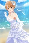  1girl :d bangs beach blue_sky blush breasts bridal_veil brown_hair cleavage cloud collarbone dress elbow_gloves gloves highres isshiki_iroha jewelry lieass looking_at_viewer medium_breasts medium_hair necklace ocean open_mouth outdoors outstretched_arm sky smile solo teeth upper_teeth veil wedding wedding_dress white_dress white_gloves yahari_ore_no_seishun_lovecome_wa_machigatteiru. yellow_eyes 