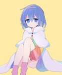  1girl 76gpo blue_eyes blue_hair blush cloak closed_mouth dress hair_between_eyes hairband highres long_sleeves multicolored_clothes multicolored_dress multicolored_hairband one-hour_drawing_challenge rainbow_gradient short_hair simple_background solo tenkyuu_chimata touhou white_cloak yellow_background 