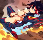  1girl artist_name bangs black_hair black_pubic_hair blue_eyes boots breasts censored censored_nipples commentary dirty dirty_clothes dirty_face english_commentary female_pubic_hair gloves hair_between_eyes high_heel_boots high_heels kill_la_kill large_breasts long_sleeves looking_at_viewer matoi_ryuuko multicolored_hair navel nipples pubic_hair pubic_hair_peek red_hair revealing_clothes scissor_blade senketsu short_hair solo squeezable_(artist) streaked_hair thigh_boots two-tone_hair v-shaped_eyebrows 