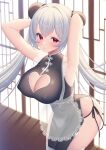  1girl armpits bangs bare_shoulders black_dress black_panties breasts bun_cover china_dress chinese_clothes cleavage cleavage_cutout clothing_cutout commentary_request double_bun dress grey_hair hair_between_eyes hair_bun hair_intakes heart_cutout highres original panties parted_lips pelvic_curtain red_eyes sakura_shiho side-tie_panties sleeveless sleeveless_dress solo twintails underwear window 