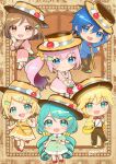  2boys 4girls :d artist_name bag banana banana_slice bangs blonde_hair blue_eyes blue_hair blush boots bow bowtie brown_eyes brown_hair cane cherry chibi collared_dress crypton_future_media curly_hair dress food food-themed_bag food-themed_clothes food-themed_hair_ornament food-themed_hat formal fruit gloves hair_ornament hair_ribbon hairclip hand_on_headwear hand_on_own_cheek hand_on_own_face hand_up hat hatsune_miku highres holding holding_bag holding_umbrella kagamine_len kagamine_rin kaito_(vocaloid) kikuchi_mataha long_hair looking_at_viewer low_twintails medium_hair megurine_luka meiko multiple_boys multiple_girls open_mouth orange_(fruit) orange_slice parted_bangs pink_hair polka_dot polka_dot_dress ponytail pudding puffy_sleeves ribbon short_hair short_sleeves shoulder_bag smile socks standing standing_on_one_leg strawberry suit suspenders_pull tilted_headwear twintails umbrella v_arms very_long_hair vocaloid walking whipped_cream 