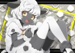  1boy animal_ears black_skin coat colored_skin looking_to_the_side male_focus open_mouth original personification pml sheep sheep_boy sheep_ears short_hair short_sleeves sitting smile solo thighhighs white_hair wool yellow_eyes 
