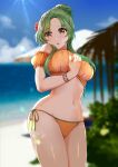  1girl absurdres bare_shoulders bead_bracelet beads bikini blue_sky blurry blurry_background bracelet breasts brown_eyes cloud cowboy_shot day elincia_ridell_crimea fire_emblem fire_emblem:_radiant_dawn fire_emblem_heroes flower green_hair hair_bun hair_flower hair_ornament highres jewelry large_breasts long_hair looking_at_viewer navel ocean off-shoulder_bikini off_shoulder official_alternate_costume orange_bikini outdoors parted_lips puffy_short_sleeves puffy_sleeves red_flower short_sleeves side-tie_bikini sky solo standing stomach swimsuit tara_(szzj7733) thighs water 
