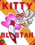  anthro bomb bottomwear claws clothed clothing digital_media_(artwork) domestic_cat explosives eyewear fangs felid feline felis female finger_claws flat_chested fur gesture goggles hi_res kingraam kitty_blastah looking_at_viewer mammal multicolored_body multicolored_fur nuke orange_eyes pink_body pink_fur rose_cheeks simple_background skirt solo teeth two_tone_body two_tone_fur v_sign white_body white_fur 