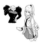  1girl achillex_mouly bag bangs breasts cellphone long_hair looking_at_viewer metroid mole mole_under_mouth monochrome phone power_suit samus_aran school_uniform shirt simple_background skirt solo weapon 