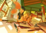  black_eyes black_hair blonde_hair book child closed_eyes electric_fan fan_speaking highres holy_pumpkin indoors male_focus naruto_(series) notebook pen uchiha_mikoto uchiha_sasuke uzumaki_kushina uzumaki_naruto window 