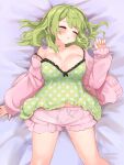  1girl bangs bed blush bow breasts collarbone festa11307070 from_above green_hair hood hoodie jacket large_breasts long_hair long_sleeves lying morinaka_kazaki nijisanji on_back pink_hoodie sleeping sleeves_past_wrists solo translation_request virtual_youtuber zzz 