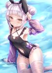  1girl animal_ears arm_support arm_up bangs black_swimsuit blush clothing_cutout detached_sleeves double_bun fake_animal_ears frilled_swimsuit frills grey_hair grin hair_bun highres hololive long_sleeves looking_at_viewer murasaki_shion navel navel_cutout one-piece_swimsuit rabbit_ears short_hair sidelocks sitting smile solo swimsuit thighhighs virtual_youtuber wet white_legwear yellow_eyes yuano 