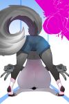  2022 anthro bent_over big_breasts biped black_nose bottomwear breasts butt canid canine canis clothed clothing denim denim_clothing female fluffy fluffy_tail footwear fur gesture grey_body grey_fur hi_res jack-o&#039;_pose mammal midriff navel pose rear_view shirt shnider shorts socks solo topwear v_sign wolf 
