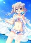  1girl :d absurdres bangs bikini bikini_skirt blue_bikini blue_eyes blue_sky breasts brown_hair circus_(studio) cleavage collarbone crazy_straw cup da_capo_iv day double_bun drinking_straw food fruit hair_between_eyes hair_bun hair_ribbon highres holding holding_cup horizon lens_flare long_hair looking_at_viewer ocean official_art open_mouth orange_(fruit) orange_slice outdoors ribbon sagisawa_arisu sarong see-through sky small_breasts smile solo standing striped striped_bikini swimsuit tanihara_natsuki vertical-striped_bikini vertical_stripes water_drop 