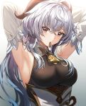  1girl adjusting_hair ahoge armpits arms_behind_head bell blue_hair bodystocking breasts cowbell detached_sleeves ganyu_(genshin_impact) genshin_impact goat_horns hairband horns low_ponytail medium_breasts mouth_hold purple_eyes sidelocks silence_girl upper_body white_sleeves 