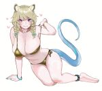  1girl alternate_costume animal_ears anklet aqua_nails arknights bikini blue_bow bow braid breasts brown_hair fang fang_out gold_bikini haioku_colonel hair_bow hair_ornament hairclip heart huge_breasts infection_monitor_(arknights) jewelry long_hair looking_at_viewer purple_eyes side-tie_bikini simple_background skin_fang slit_pupils solo strap_pull swimsuit tail twin_braids utage_(arknights) white_background wristband x_hair_ornament 