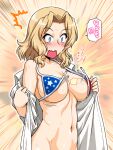  1girl american_flag_bikini bad_link bare_hips bare_shoulders bikini blonde_hair blue_eyes blush breasts cleavage collarbone collared_shirt covered_nipples emphasis_lines flag_print forehead girls_und_panzer hair_intakes kay_(girls_und_panzer) large_breasts long_hair motion_lines navel oosaka_kanagawa shiny shiny_hair shiny_skin shirt solo sweat swimsuit translation_request wardrobe_malfunction white_shirt 