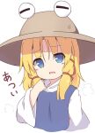  1girl baku-p bangs blonde_hair blue_eyes brown_headwear clothes_pull cropped_torso looking_at_viewer moriya_suwako open_mouth pulled_by_self short_hair sidelocks simple_background solo sweat touhou white_background wide_sleeves 