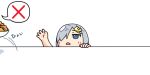  1girl ^^^ blue_eyes commentary_request fried_chicken grey_hair hair_ornament hair_over_one_eye hairclip hama!_(3toshinhmkz) hamakaze_(kancolle) kantai_collection no_nose short_hair simple_background solo speech_bubble spoken_x table upper_body white_background 
