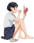  1girl applying_makeup artist_name barefoot black_hair blush cosmetics feet hair_behind_ear hand_mirror lipstick_tube mattaku_mousuke miniskirt mirror on_ground original profile school_uniform shirt short_hair sitting skirt solo toes watermark white_background white_shirt 