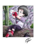  1girl bag black_eyes black_hair bottle bush child commentary_request day dragon_ball dragon_ball_super dragon_ball_super_super_hero drinking female_child fingerless_gloves gloves highres moss mountain outdoors pan_(dragon_ball) pants purple_pants red_footwear shirt short_hair short_sleeves solo tree water water_bottle youngjijii 