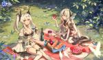  2girls absurdres ahoge animal apple arm_support azur_lane bangs basket bird black_hair blue_eyes boots bottle bread breasts choker cleavage commentary copyright_name day detached_sleeves dove elbow_gloves floating floating_object flower food fruit glass_bottle gloves grass hair_ornament halo highres holding holding_food horns joffre_(azur_lane) knee_boots l&#039;indomptable_(azur_lane) logo long_hair long_sleeves looking_at_viewer medium_breasts multicolored_hair multiple_girls official_art open_mouth outdoors pantyhose picnic red_eyes simple_background sitting smile thighhighs twintails wariza white_gloves white_hair zerotabi1210 zettai_ryouiki 