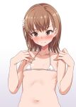  1girl absurdres bare_arms bare_shoulders bikini blush breasts brown_eyes brown_hair closed_mouth collarbone commentary_request flower gradient gradient_background grey_background hair_flower hair_ornament hands_up harigane_shinshi highres looking_at_viewer micro_bikini misaka_mikoto navel nose_blush small_breasts solo sweat swimsuit toaru_kagaku_no_railgun toaru_majutsu_no_index upper_body white_background white_bikini white_flower 