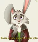  anthro bani_mac chickenhare_and_the_hamster_of_darkness clothed clothing dialogue digital_media_(artwork) english_text fur hare lagomorph lapin_(chickenhare) leporid looking_at_viewer male mammal netflix pink_eyes simple_background smile solo text white_body 