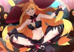  1girl absurdres bangs bare_shoulders blonde_hair breasts cleavage cotton_kanzaki green_eyes grin hat highres indian_style large_breasts long_hair majo_to_hyakkihei metallica_(majo_to_hyakkihei) navel sitting smile solo witch witch_hat 