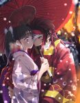  1boy 1girl animal_print black_hair blurry blurry_background breath butterfly_hair_ornament butterfly_print checkered_clothes colored_tips earrings eye_contact fire floral_print hair_ornament hand_on_another&#039;s_back hetero holding holding_umbrella japanese_clothes jewelry kamado_tanjirou kimetsu_no_yaiba kimono long_hair long_sleeves looking_at_another mask motion_blur multicolored_hair obi oil-paper_umbrella one_eye_covered profile purple_eyes purple_hair red_eyes red_hair san_mon sash side_ponytail smile snowing streaked_hair surprised tsuyuri_kanao umbrella upper_body wide_sleeves winter 