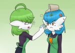  2022 :s accident ahoge ailin angry apron barista baterco blue_hair chibi clothing duo empty_eyes female gardevoir green_background green_hair hair humanoid lucinda_(baterco) nintendo not_furry orange_eyes pok&eacute;mon pok&eacute;mon_(species) shiny_pok&eacute;mon simple_background video_games 