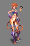  1girl animal_ears bandages boots bottomless breath_of_fire breath_of_fire_ii bustier cat_ears cat_girl cody&#039;s_art facial_mark fangs green_eyes grey_background highres orange_hair rinpoo_chuan short_hair slit_pupils smile staff tail tiger_tail yellow_eyes 