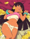  1girl aetherion bangs biting black_hair brown_eyes chel_(the_road_to_el_dorado) earrings fingernails groin hand_on_own_chest hands_up highres jewelry lip_biting lips loincloth long_hair looking_at_viewer lowleg lying midriff navel on_back paid_reward_available parted_lips seductive_smile smile solo stomach strapless sweat tan the_road_to_el_dorado tube_top twisted_torso very_long_hair 