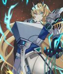  1girl absurdres armor bangs blonde_hair breastplate breasts chain fairy_knight_gawain_(fate) fate/grand_order fate_(series) faulds gauntlets green_eyes highres horns kankitsu_kei large_breasts long_hair looking_at_viewer pauldrons shoulder_armor solo 