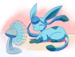  :3 ^_^ ancesra animal_focus blue_hair closed_eyes closed_mouth commentary electric_fan english_commentary full_body glaceon happy hot long_hair no_humans non-web_source on_floor pokemon pokemon_(creature) sitting sketch smile solo sweat twintails wooden_floor 